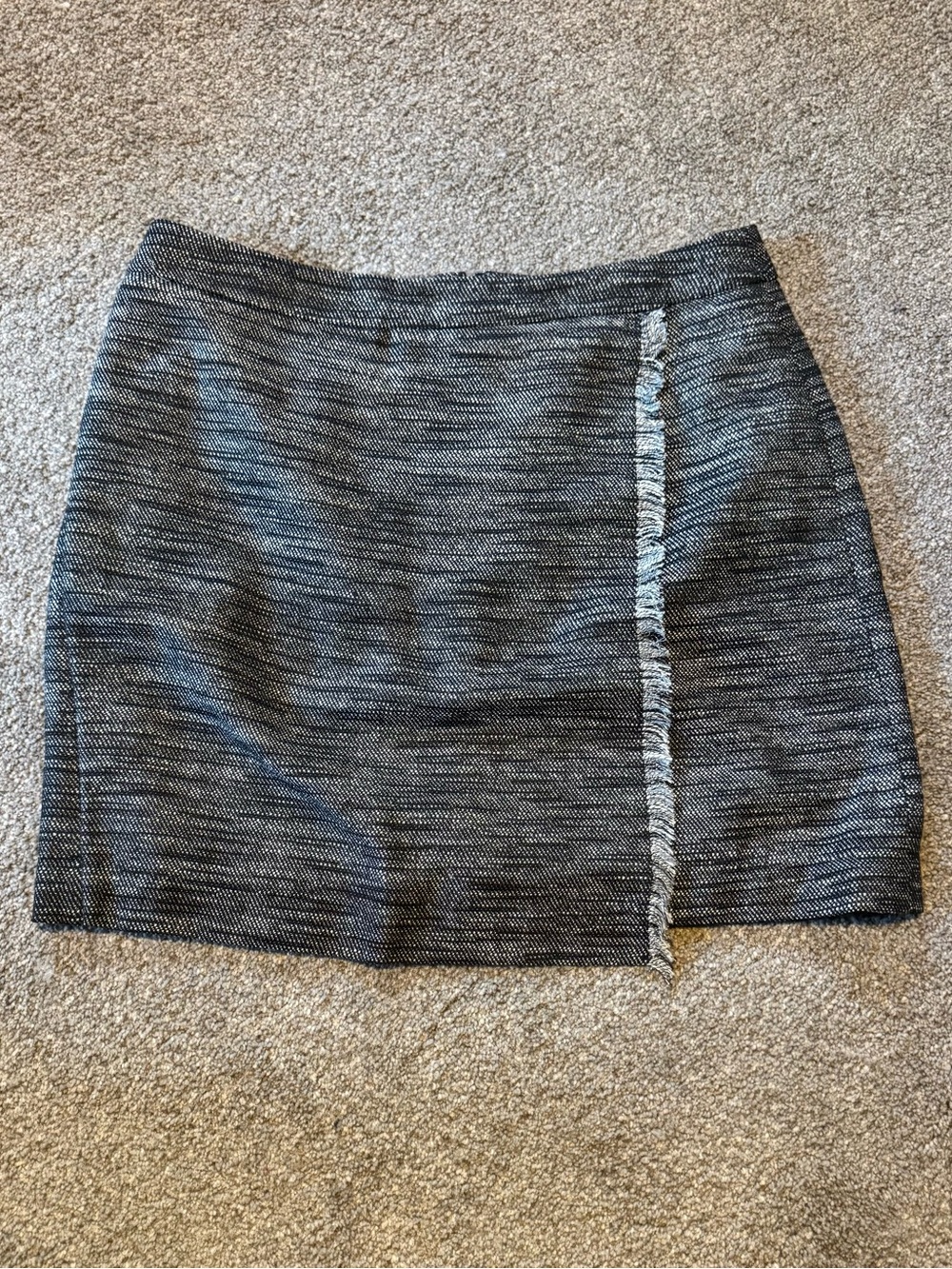 LOFT Black and Gray Tweed Mini Skirt with Fringed Trim
